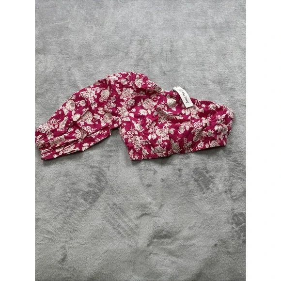 The Drop Anupa One Shoulder Puff Sleeve Crop Top Women's Small Hot Pink Floral - Picture 6 of 6